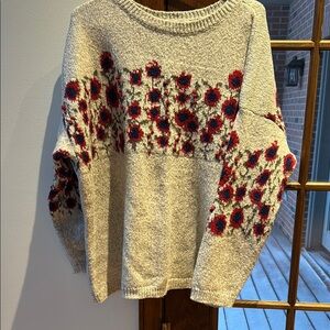 J. Jill Gray and Red Crew Neck Sweater with Abstract Design